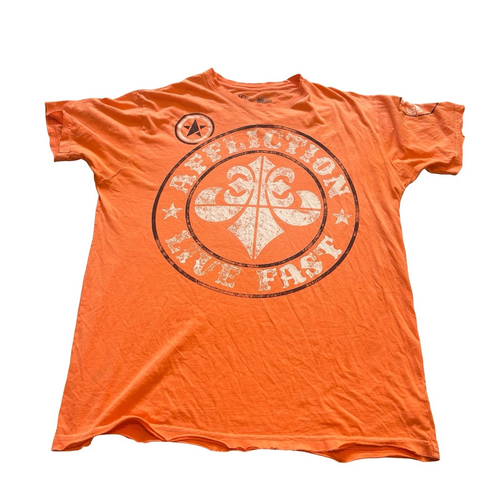 Affliction Live Fast Mens XL Orange Graphic T-Shirt Distressed Fleur De Lis USA